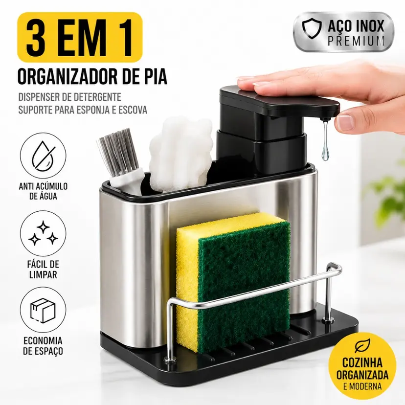 Organizador de Pia 3 em 1 Aço Inox Premium